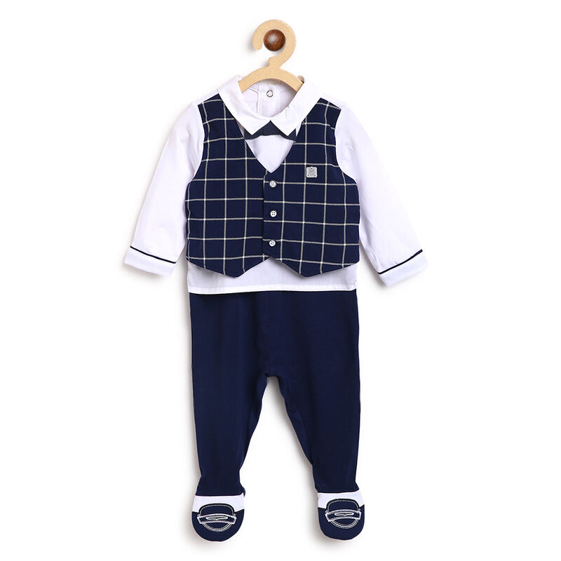 Boys White and Blue Checkered Nappy Opening Babysuit image number 0